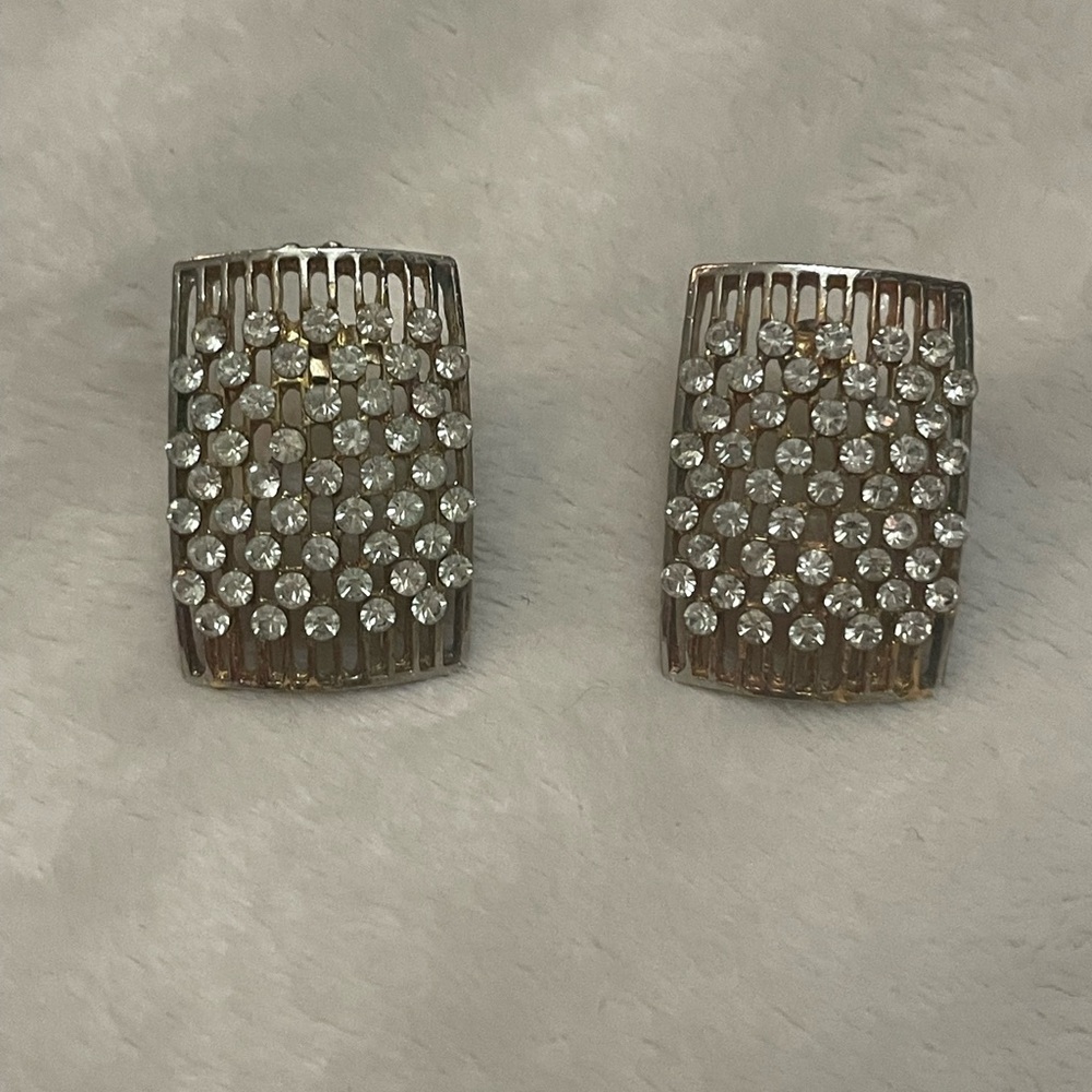 Vintage Rhinestone Pavé Silver-Tone Clip Earrings